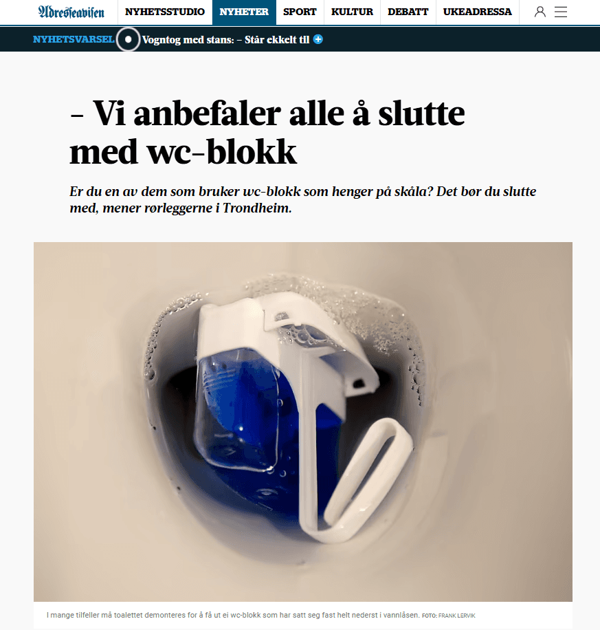 Skjermdump fra Adressa.no og artikkel om wc-blokk