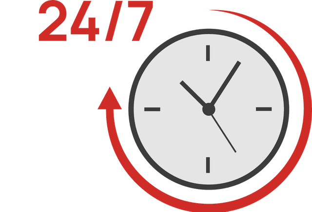 illustrasjon som viser en klokke og symboler for å kommunisere åpent 24/7